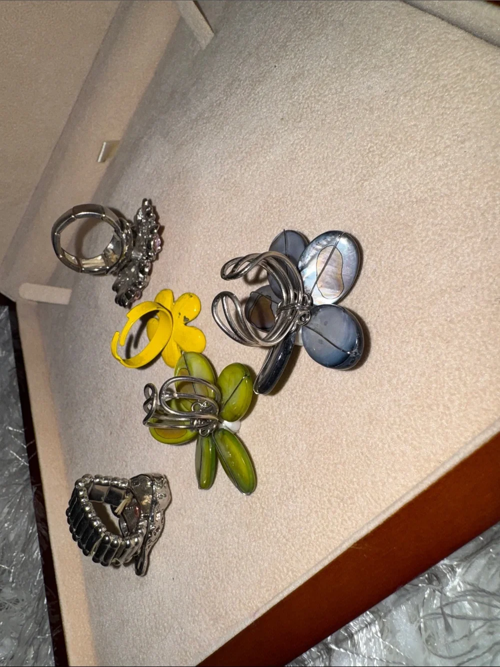 Set of Women's Floral Pink Heart, Lime, Yellow, Grey Floral, and Jaguar Rings